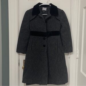 Rothschild Girls Wool Dress Coat – Gray with Black Velvet Trim, Size 12